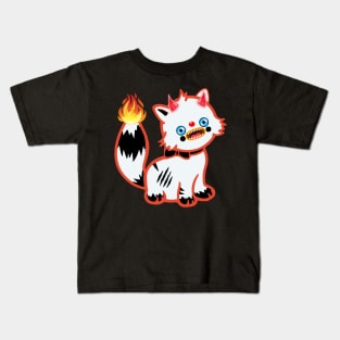 Demonic cat with a flaming tail and horns on its head Kids T-Shirt